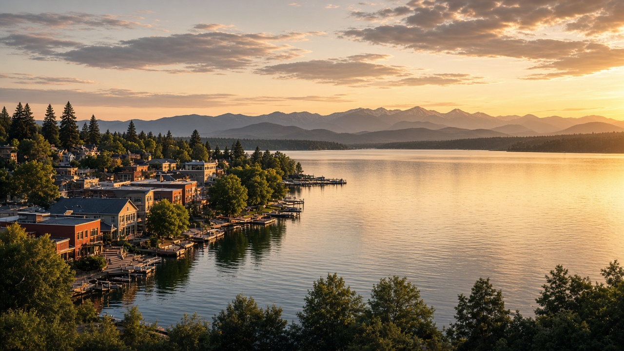 Golden light reflecting across Lake Coeur d'Alene beside hillside homes and pines