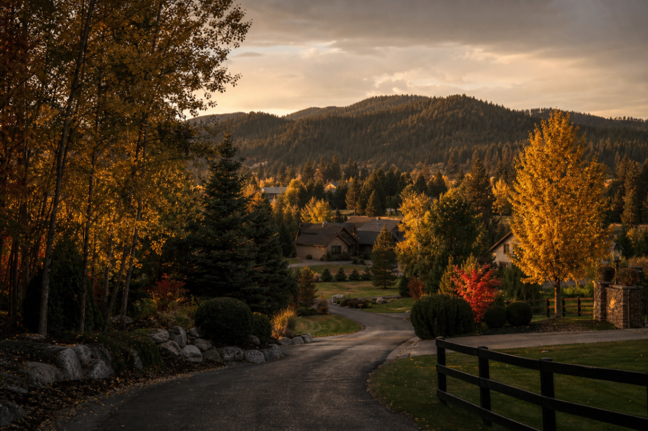 Tree-lined residential lane and foothill views in Dalton Gardens, Idaho