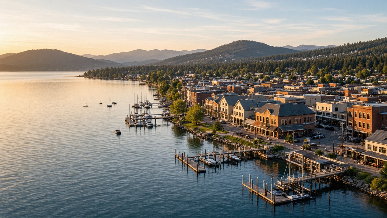 Sandpoint waterfront and Schweitzer Mountain rising above Lake Pend Oreille